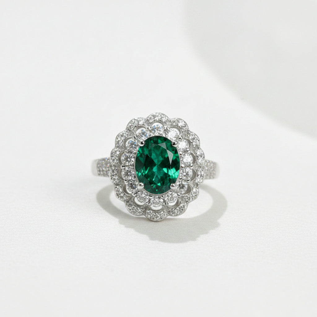 S925 Sterling Silver Oval Lab Emerald Double-Halo Pave Ring, Vintage for Women - Photo 1