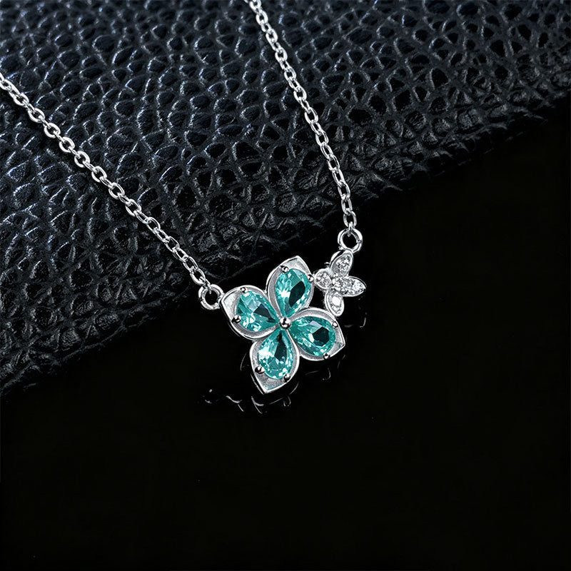 S925 Silver Paraiba Tsavorite Four-Petal Flower Butterfly, Outfit Simple - Photo 4
