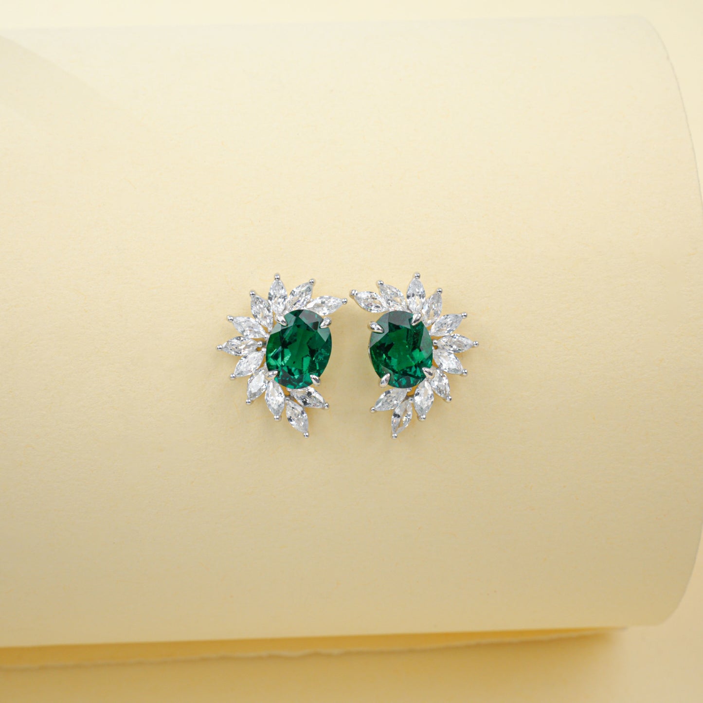 S925 Silver Oval Lab Emerald Sunflower Stud Earrings, Premium Evening - Photo 6