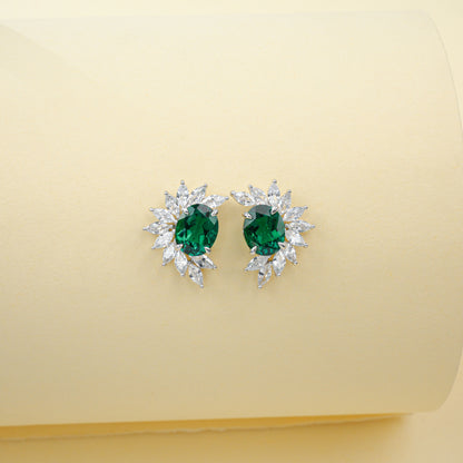 S925 Silver Oval Lab Emerald Sunflower Stud Earrings, Premium Evening - Photo 6