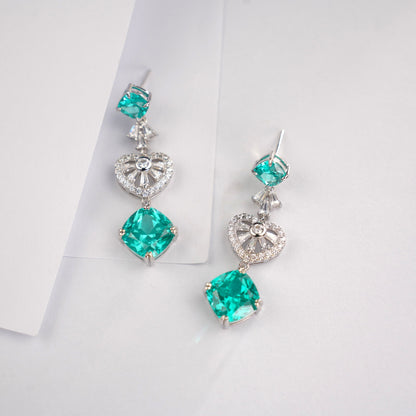 S925 Silver Lab Paraiba Tsavorite Heart Hollow Drop Long Evening Earrings - Photo 6