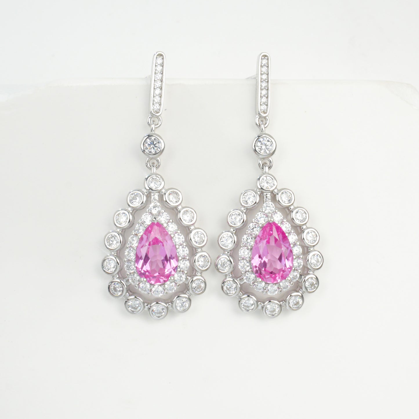 S925 Sterling Silver Lab Paraiba Teardrop Geometric Halo Drop Earrings - Photo 1