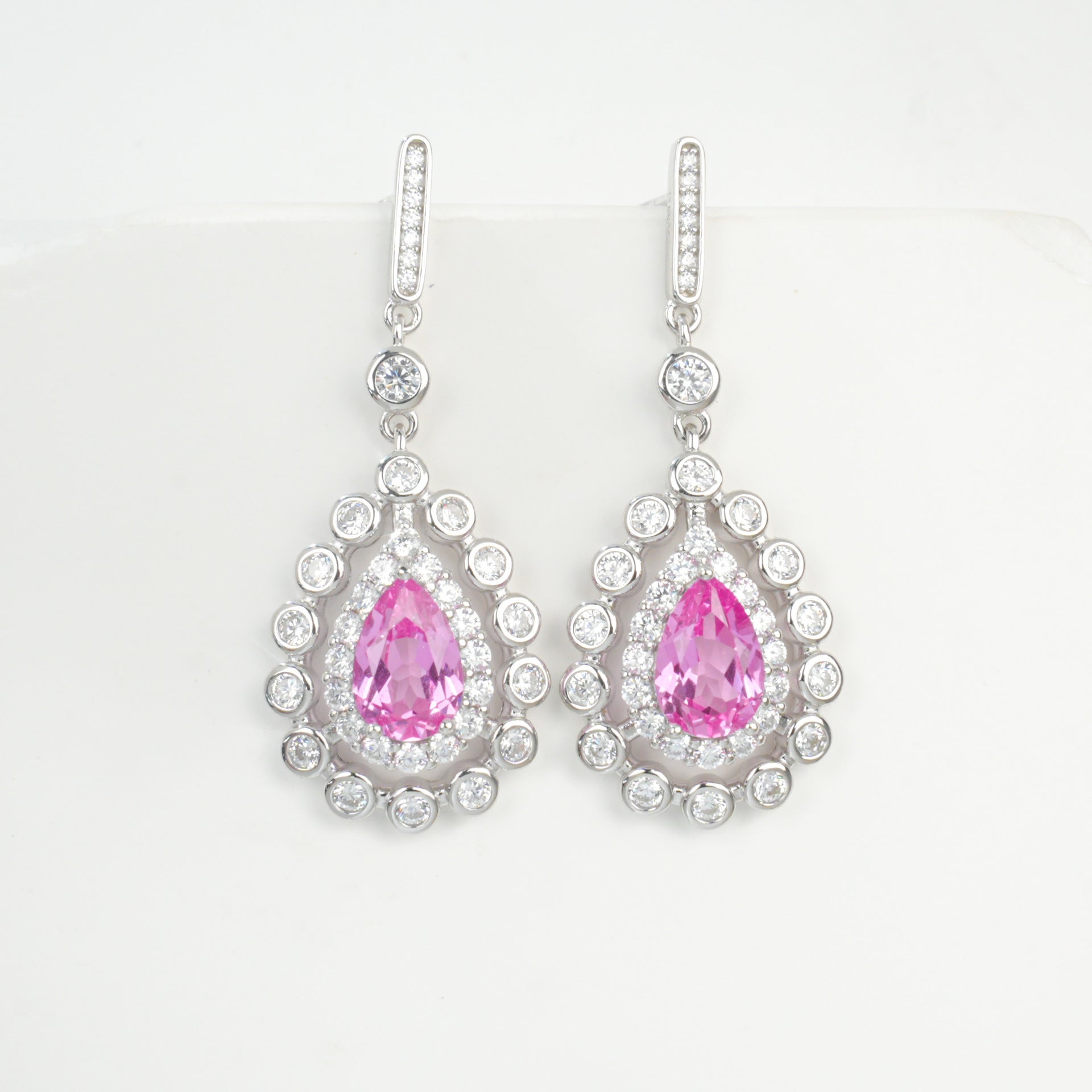 S925 Sterling Silver Lab Paraiba Teardrop Geometric Halo Drop Earrings - Photo 1