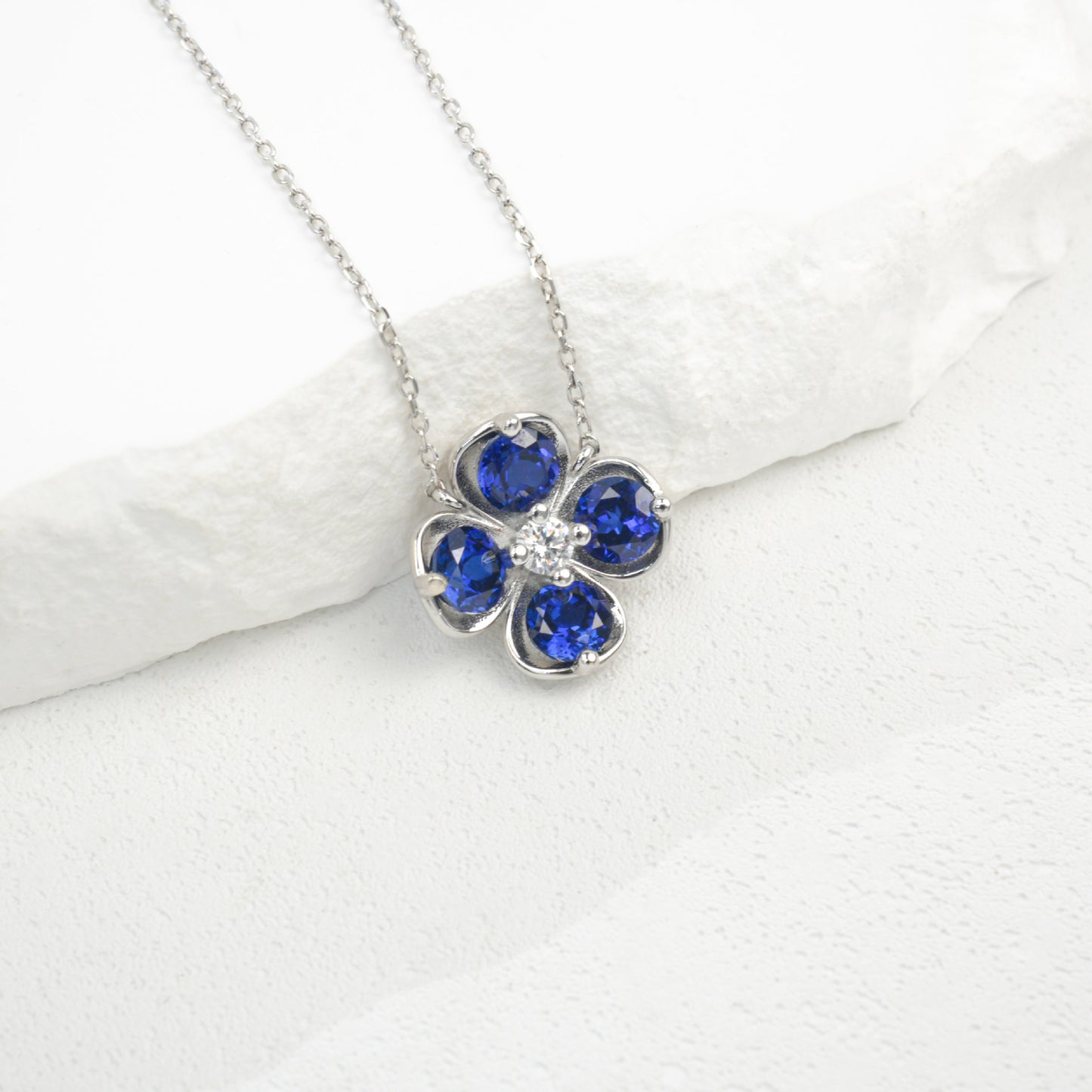 Lucky Four-Leaf Clover Sapphire 925 Silver Necklace, Simple Birthday Holiday - Photo 2