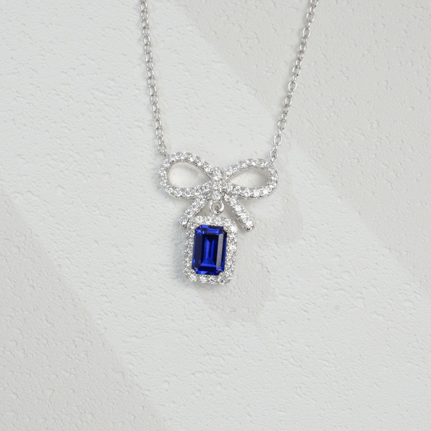 925 Sterling Silver Lab Sapphire Bowknot Pave Halo Necklace, Delicate O-Chain for Women - Photo 3
