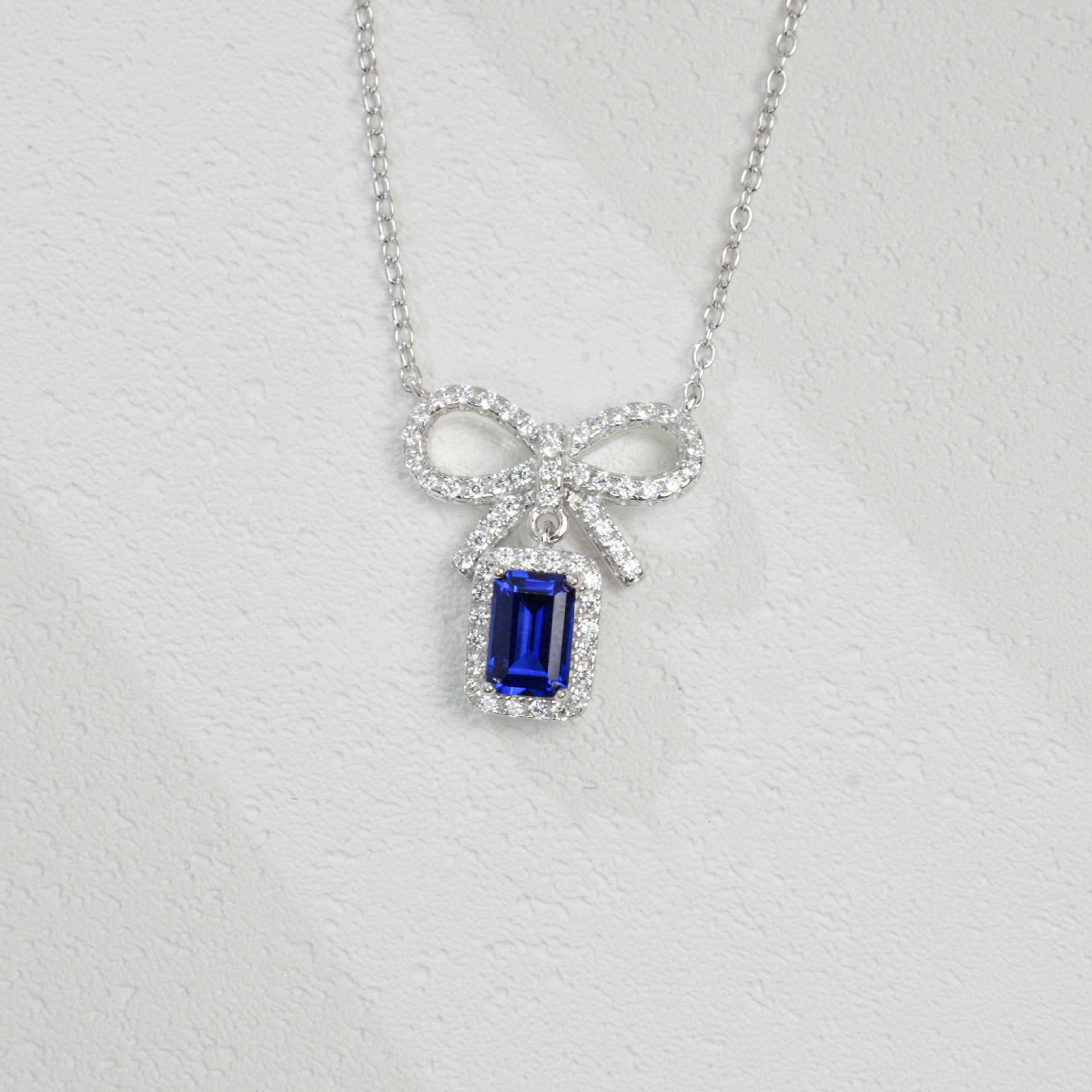 925 Sterling Silver Lab Sapphire Bowknot Pave Halo Necklace, Delicate O-Chain for Women - Photo 3
