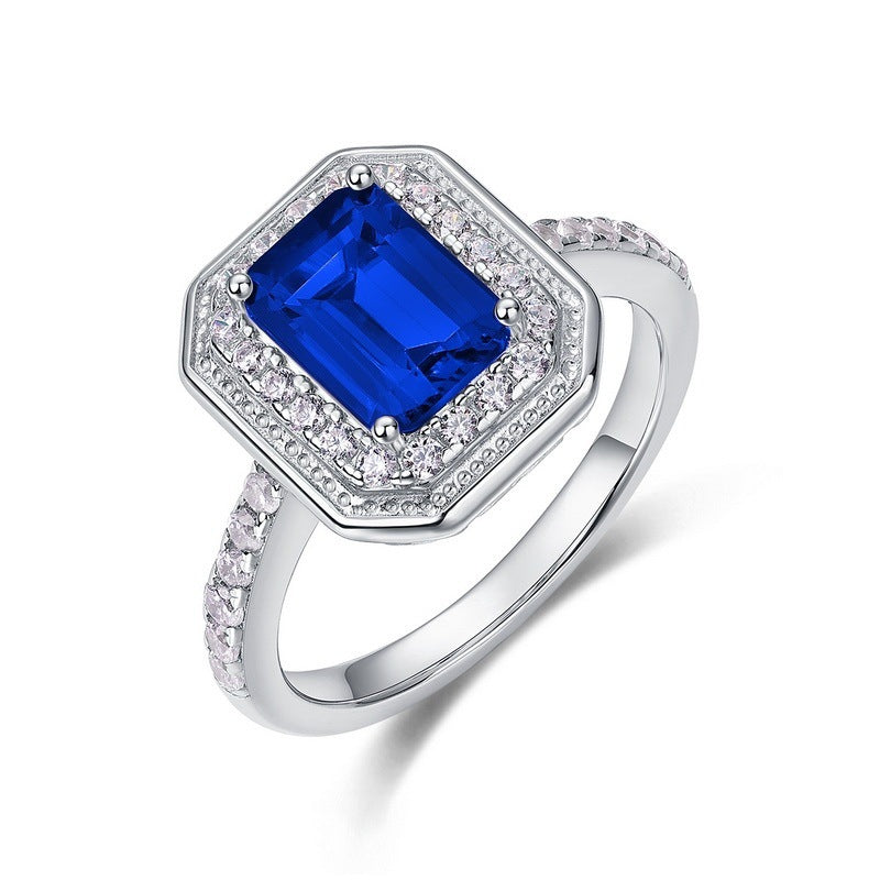 S925 Sterling Silver Lab Sapphire Ring, Halo Full Diamond - Photo 2