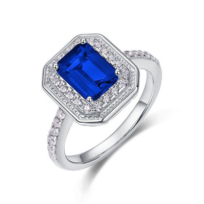 S925 Sterling Silver Lab Sapphire Ring, Halo Full Diamond - Photo 2