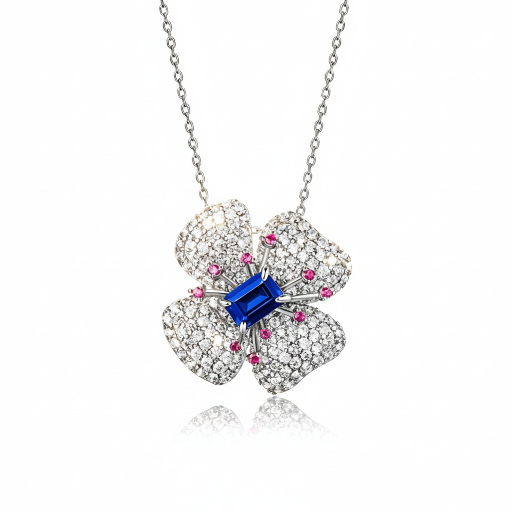 S925 Sterling Silver Lab Sapphire 3D Flower Necklace, French Premium - Photo 1