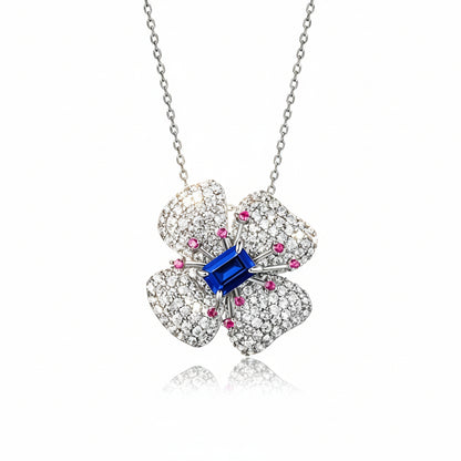 S925 Sterling Silver Lab Sapphire 3D Flower Necklace, French Premium - Photo 1
