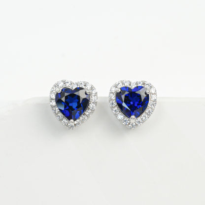 S925 Silver Heart Lab Sapphire Stud Earrings, Love Full Diamond - Photo 6