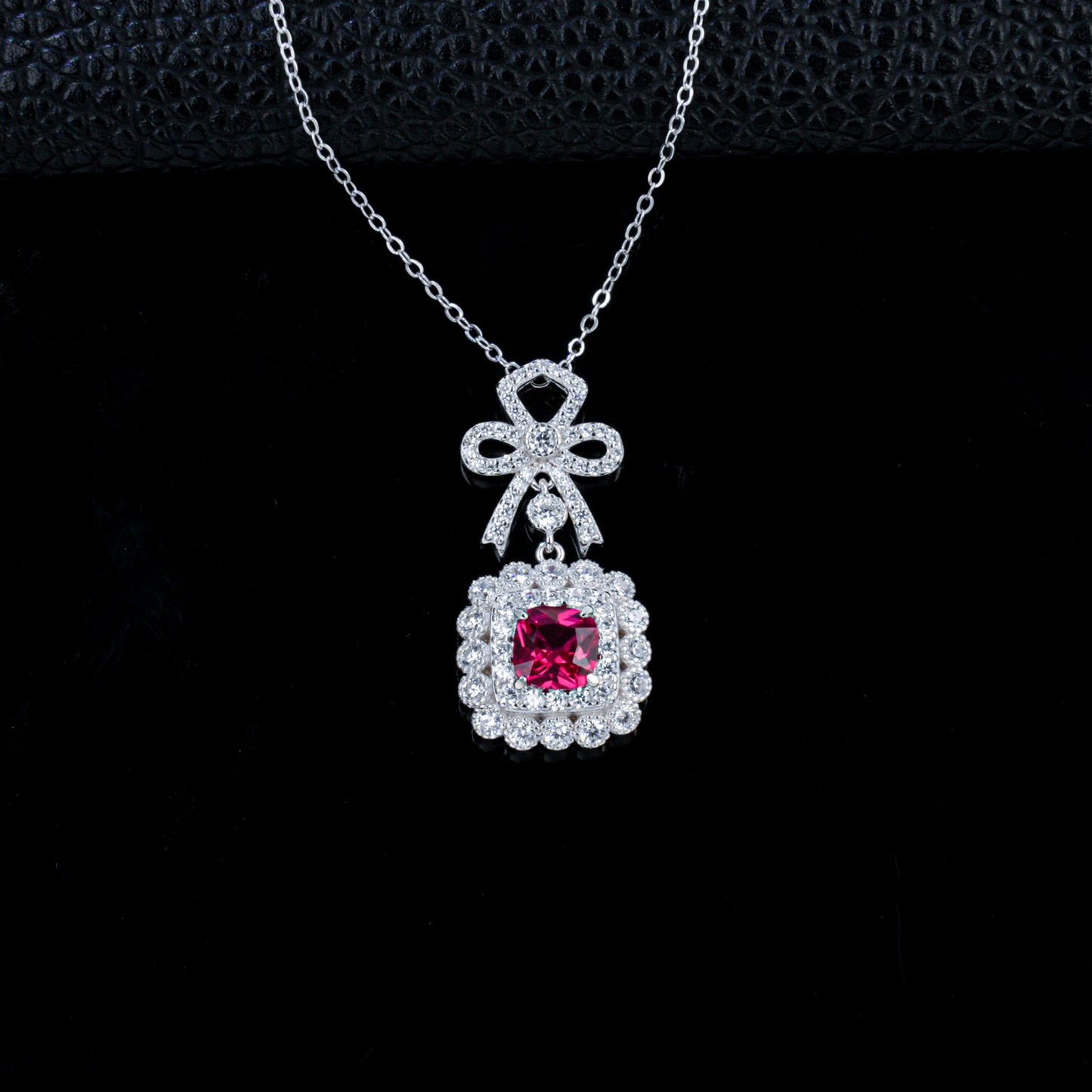 Lab Ruby Sugarloaf Pendant S925 Rhodium-Plated Bow, Choker Necklace - Photo 2