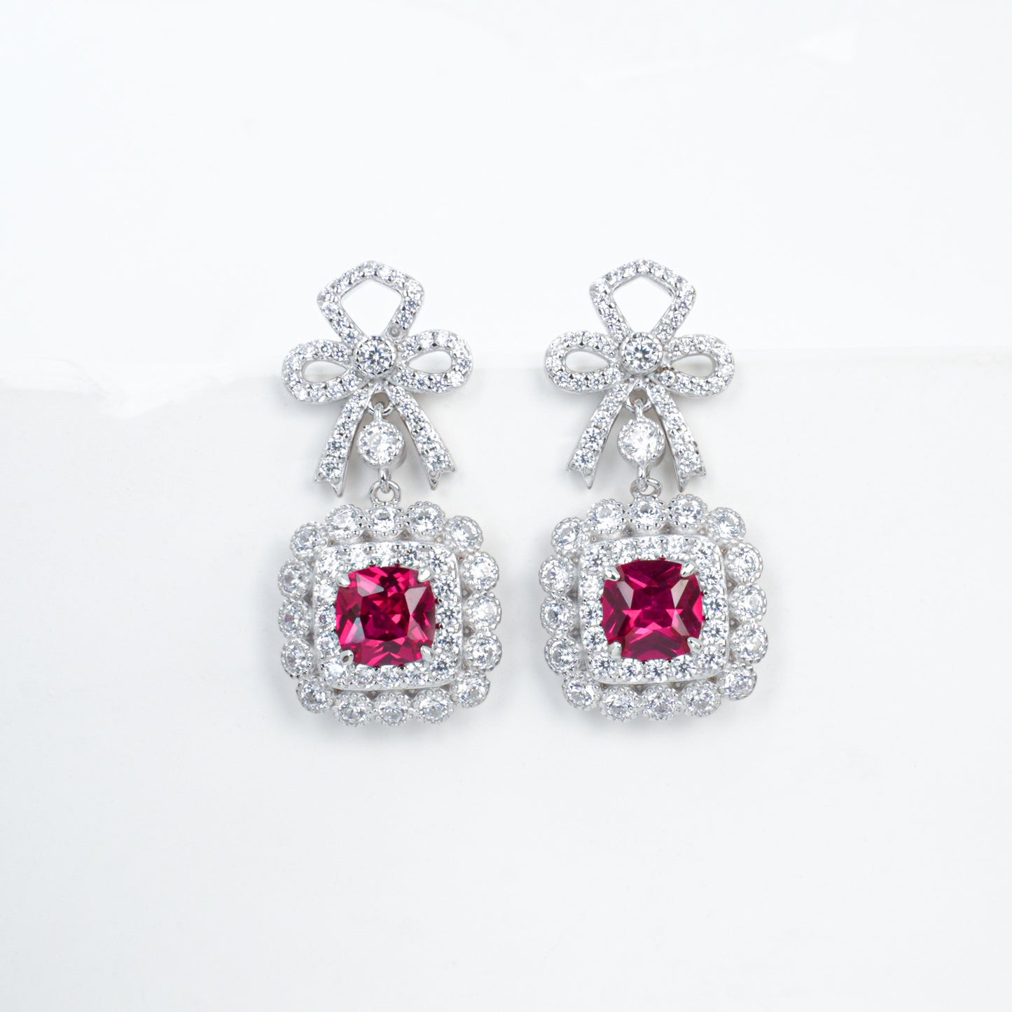S925 Sterling Silver Lab Ruby French Vintage Bowknot Square Pave Earrings - Photo 5