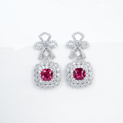 S925 Sterling Silver Lab Ruby French Vintage Bowknot Square Pave Earrings - Photo 5
