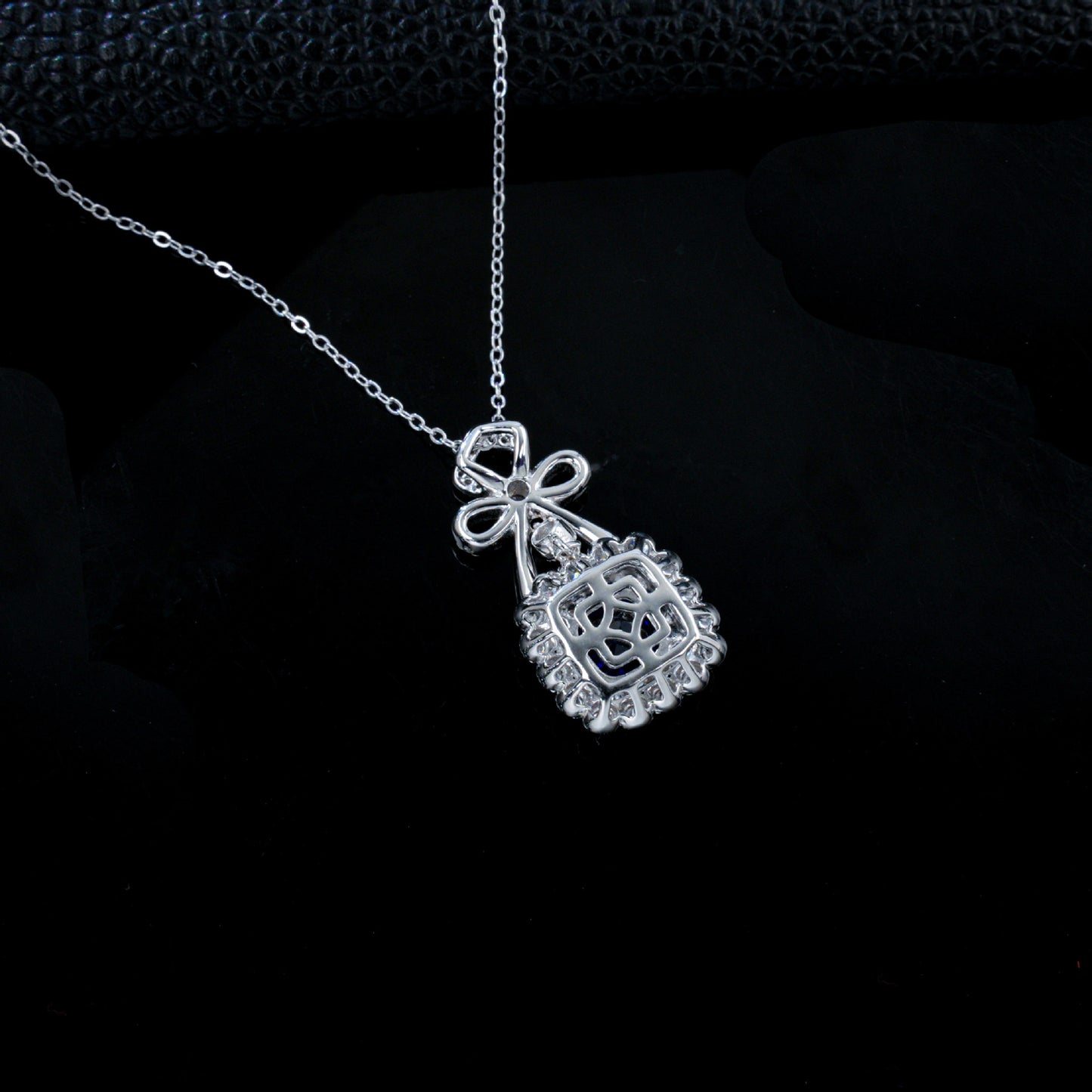 S925 Sterling Silver Lab Sapphire Bowknot Square Pave Choker Necklace, Premium for Women - Photo 4