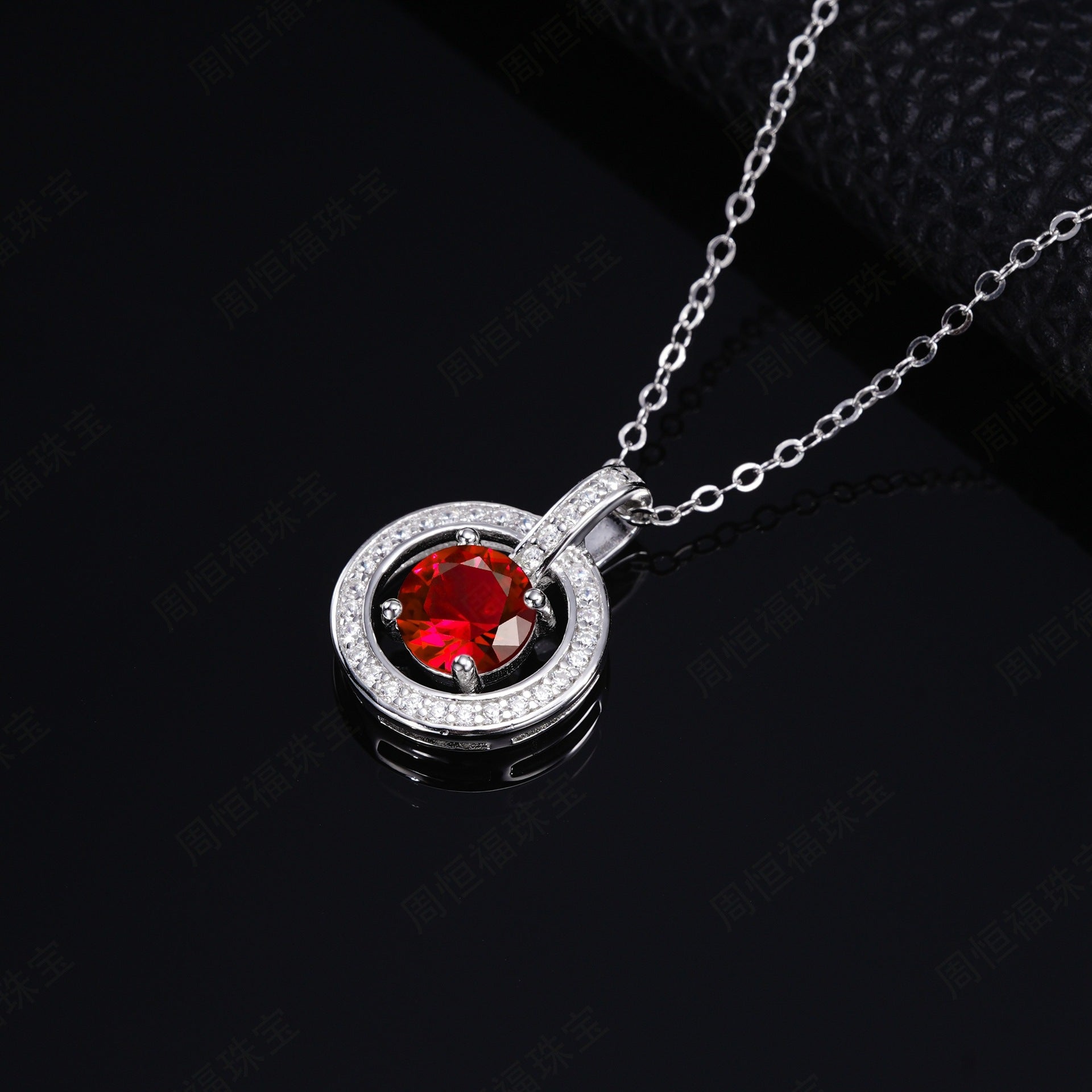 S925 Sterling Silver Lab Ruby Necklace, Design Vintage Round - Photo 3