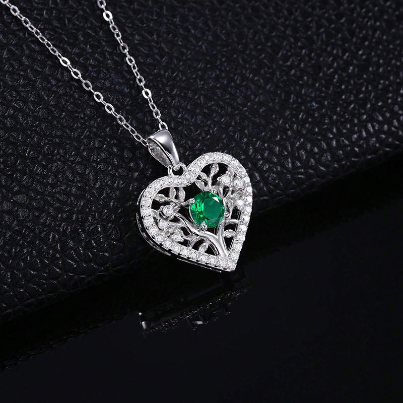 S925 Sterling Silver coloured Gemstone Heart Tree of Life Necklace, Hollow Round Diamond - Photo 2