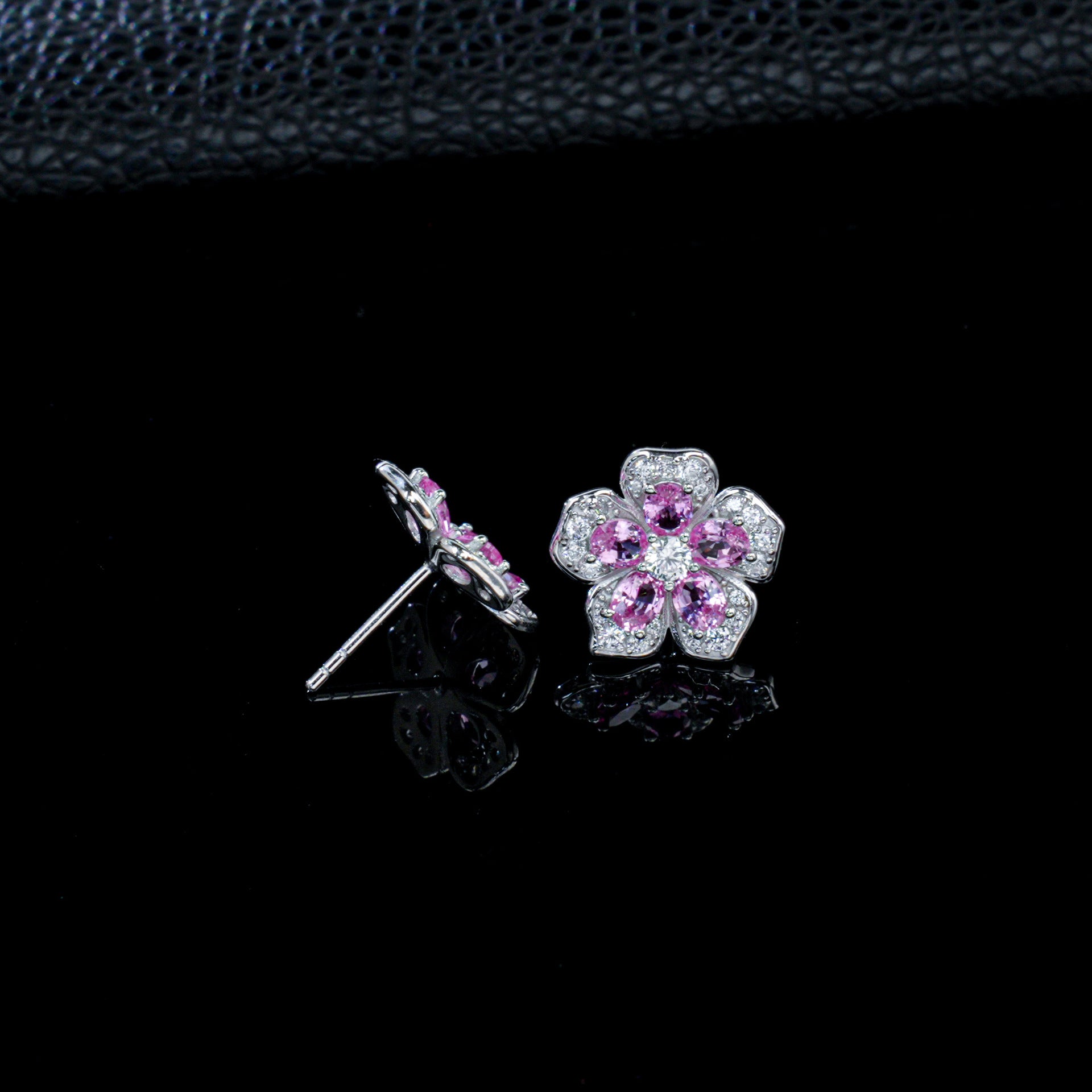 S925 Silver Sakura Stud Earrings, Lab Pink Sapphire - Photo 4