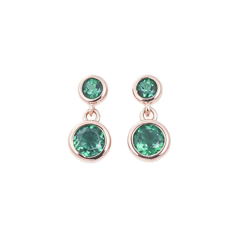 S925 Silver Double-Layer Lab Emerald Stud Earrings, Double Round Simple - Photo 5