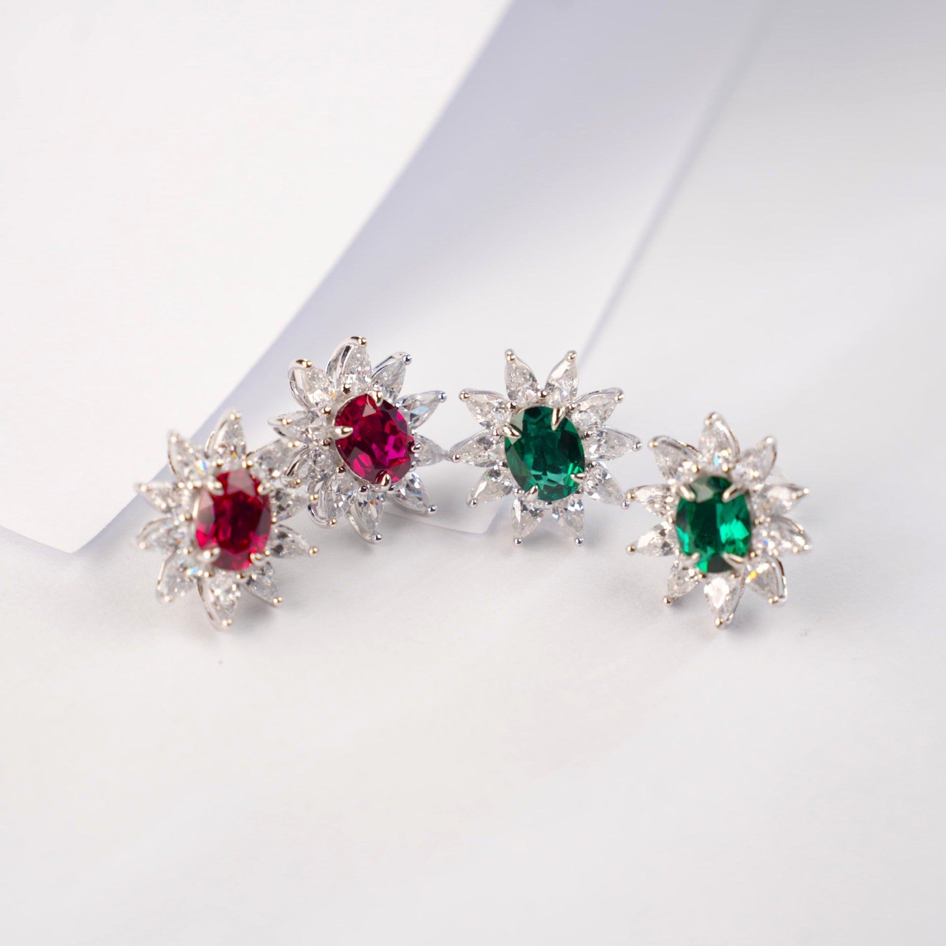S925 Sterling Silver Lab Pigeon Blood Ruby Sunflower colourful Halo Stud Earrings, Premium for Women - Photo 4