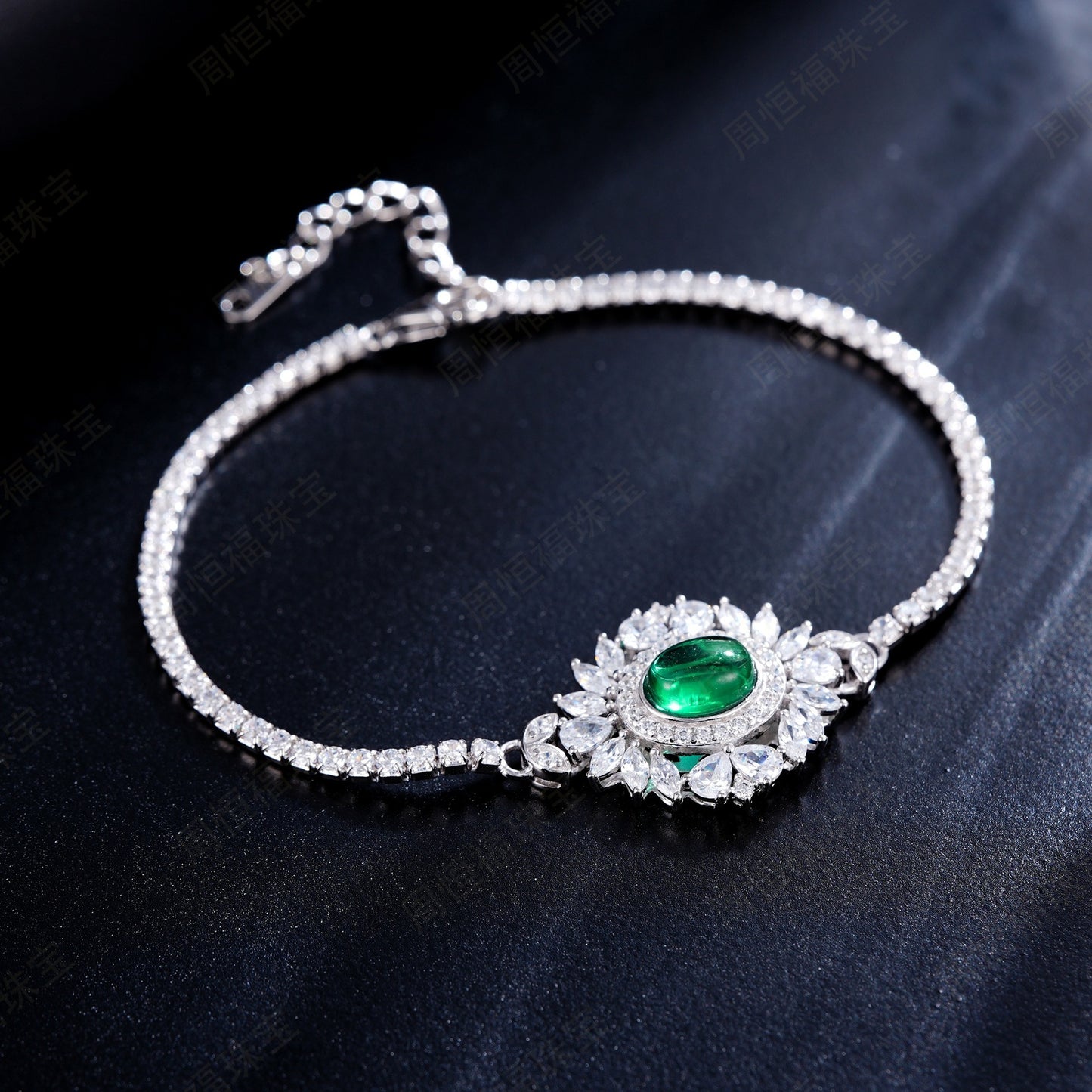 925 Sterling Silver Lab Emerald Sunflower Halo Bracelet, Premium Versatile - Photo 3