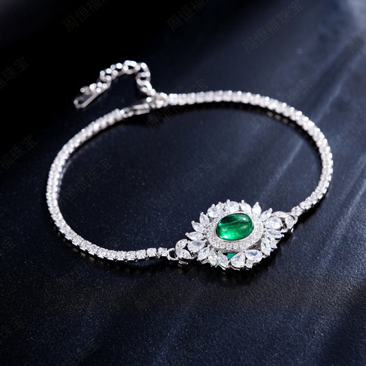925 Sterling Silver Lab Emerald Sunflower Halo Bracelet, Premium Versatile - Photo 3