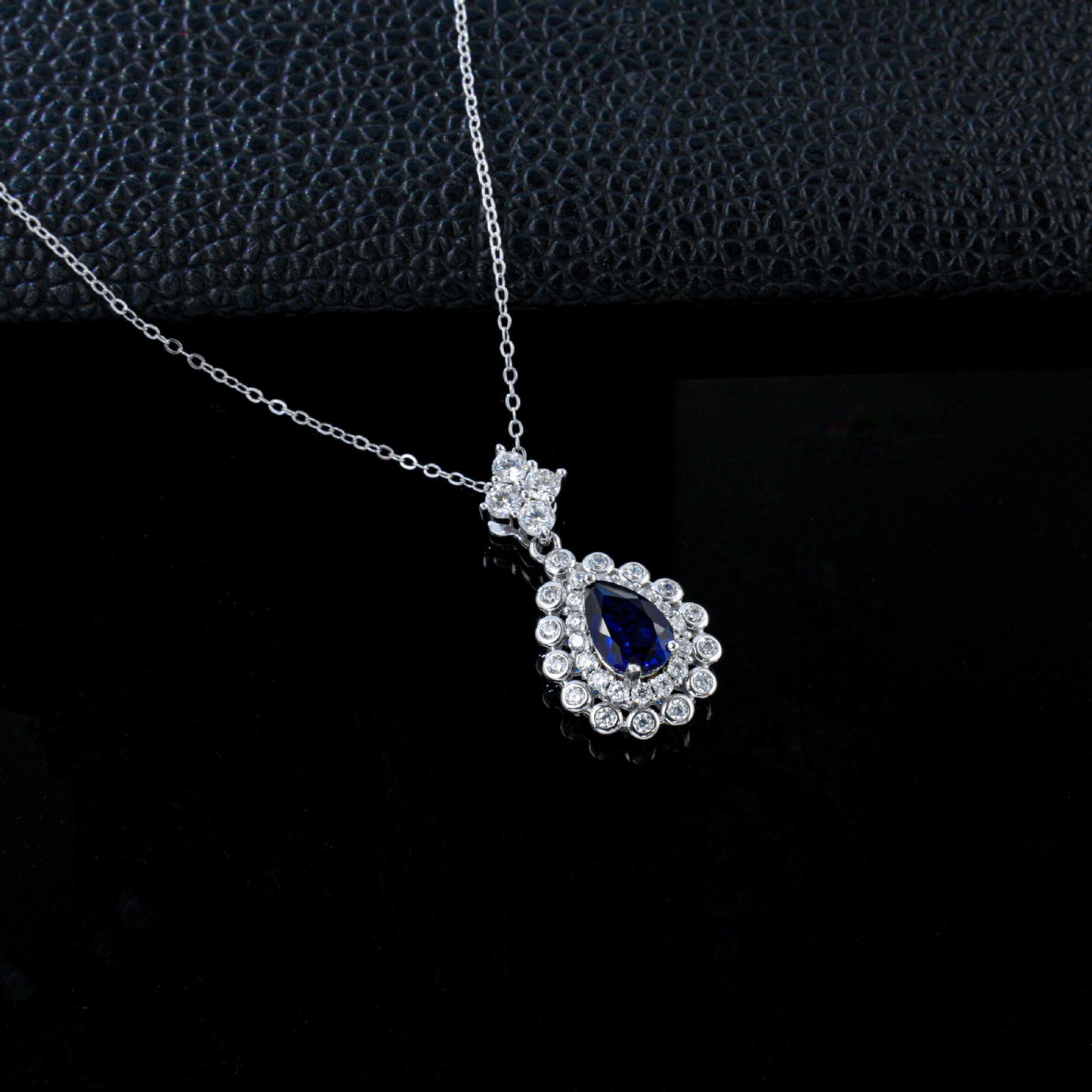 S925 Silver Royal Blue Lab Sapphire Teardrop Halo Necklace, Premium - Photo 3