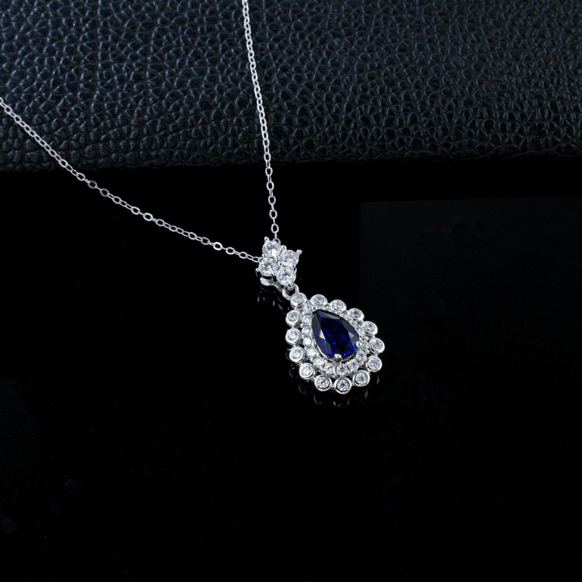 S925 Silver Royal Blue Lab Sapphire Teardrop Halo Necklace, Premium - Photo 3