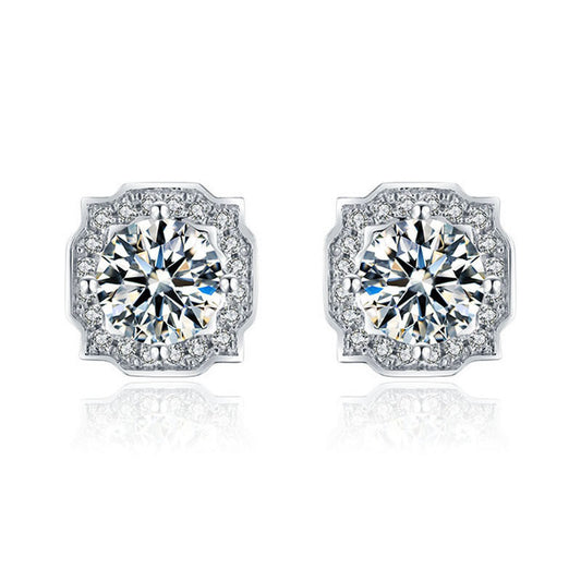 925 Silver Scalloped Square Halo 4-Claw Stud Earrings, Full Diamond Versatile - Photo 5