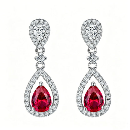 S925 Sterling Silver Lab Ruby Teardrop Full Diamond Earrings - Photo 5