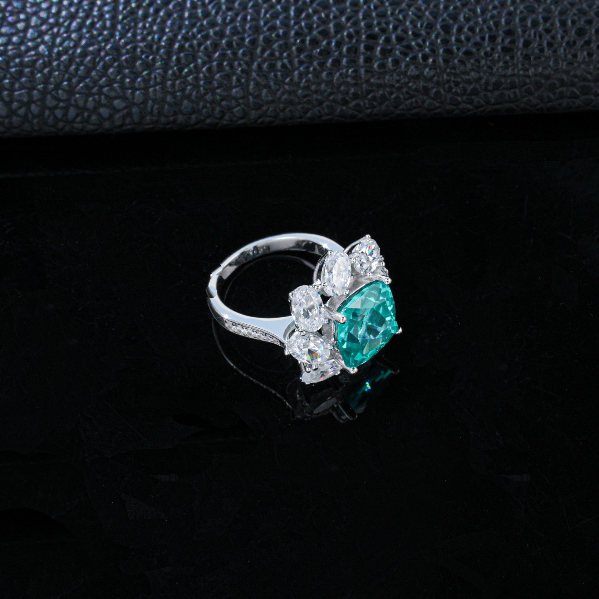 S925 Silver Square Lab Paraiba Tsavorite Pear Diamond Halo Ring, Evening - Photo 4