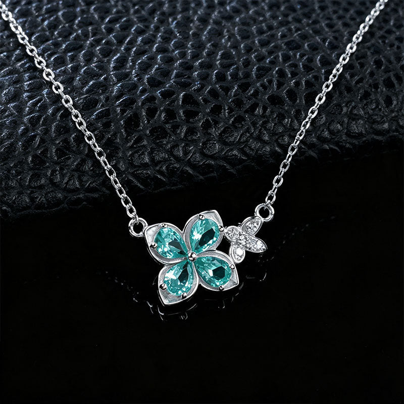 S925 Silver Paraiba Tsavorite Four-Petal Flower Butterfly, Outfit Simple - Photo 3