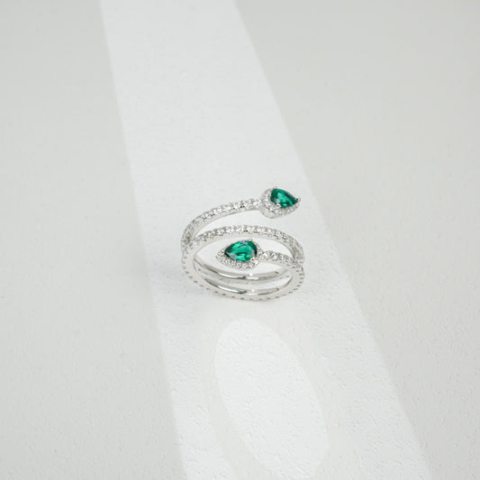 925 Silver Lab Emerald Double Teardrop Snake Wrap Design, Premium Silver Ring - Photo 3