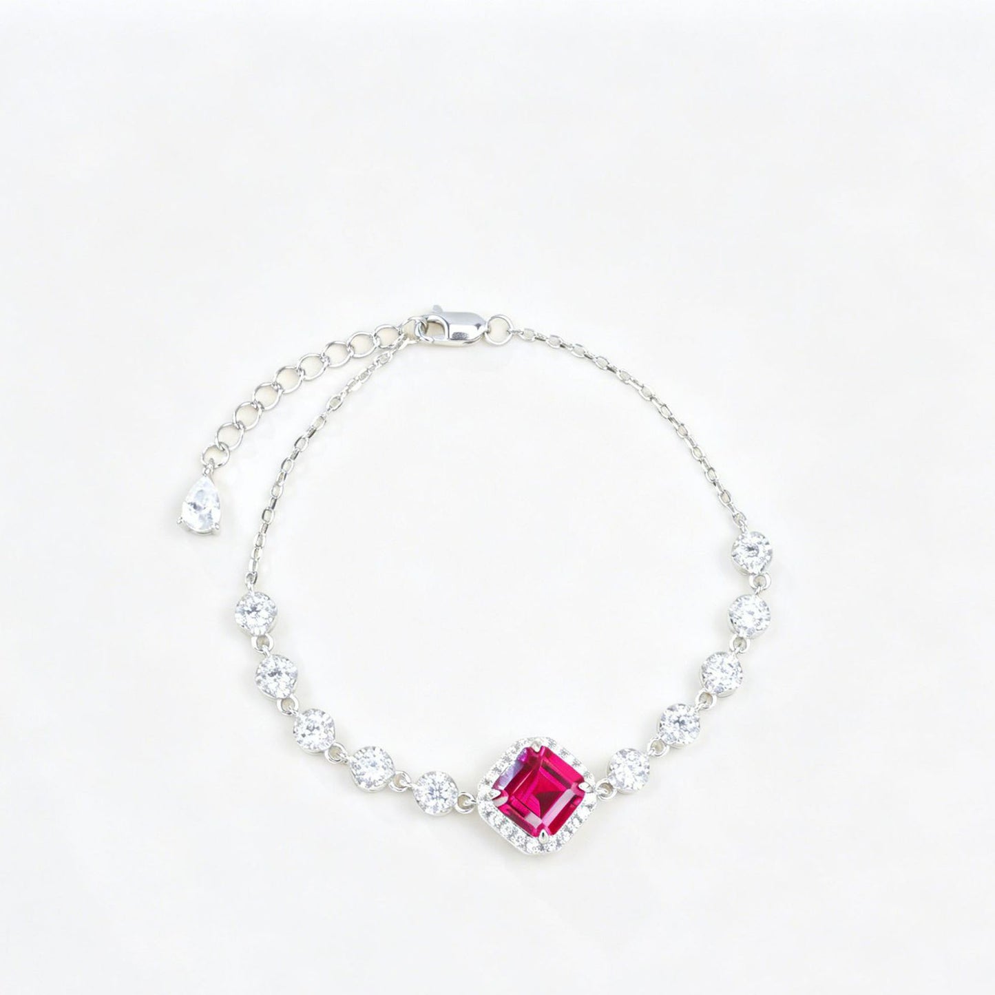 S925 Sterling Silver Lab Ruby Princess-Cut Pave Bracelet, Premium Jewellery - Photo 5