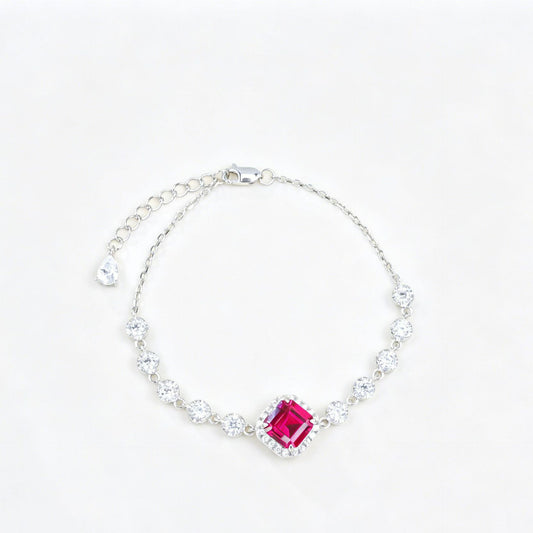 S925 Sterling Silver Lab Ruby Princess-Cut Pave Bracelet, Premium Jewellery - Photo 5