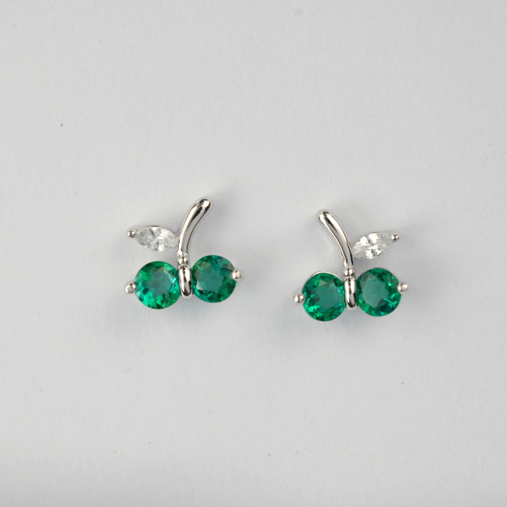 S925 Silver Cherry Emerald Stud Earrings, Mini Small Girly - Photo 3