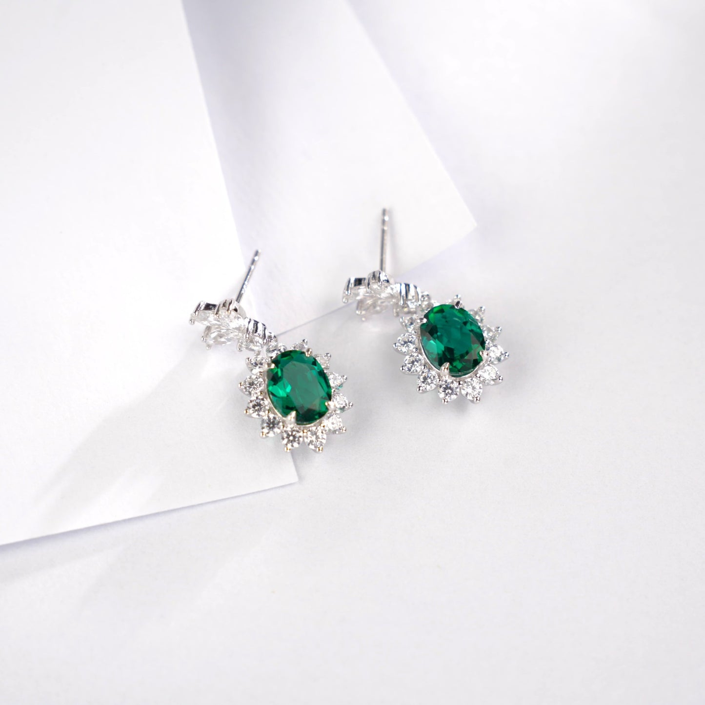 S925 Sterling Silver Oval Lab Emerald Sunflower Pave Halo Earrings, Anniversary Vintage Versatile - Photo 6