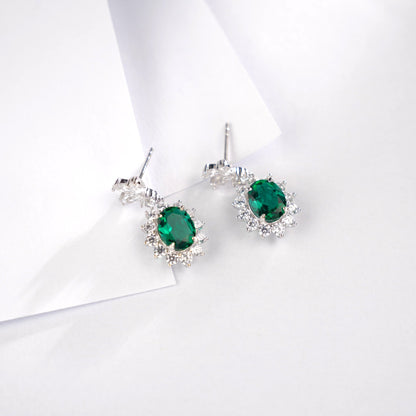 S925 Sterling Silver Oval Lab Emerald Sunflower Pave Halo Earrings, Anniversary Vintage Versatile - Photo 6