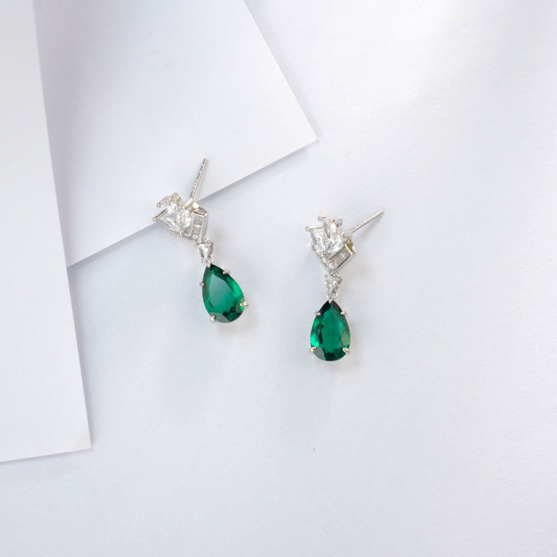 S925 Silver Crown Teardrop Lab Emerald Stud Earrings, Diamond Long Drop - Photo 4