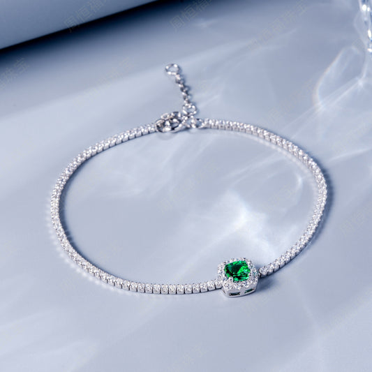 S925 Sterling Silver Lab Emerald Pave Bracelet, Vintage Classic Premium for Women - Photo 1