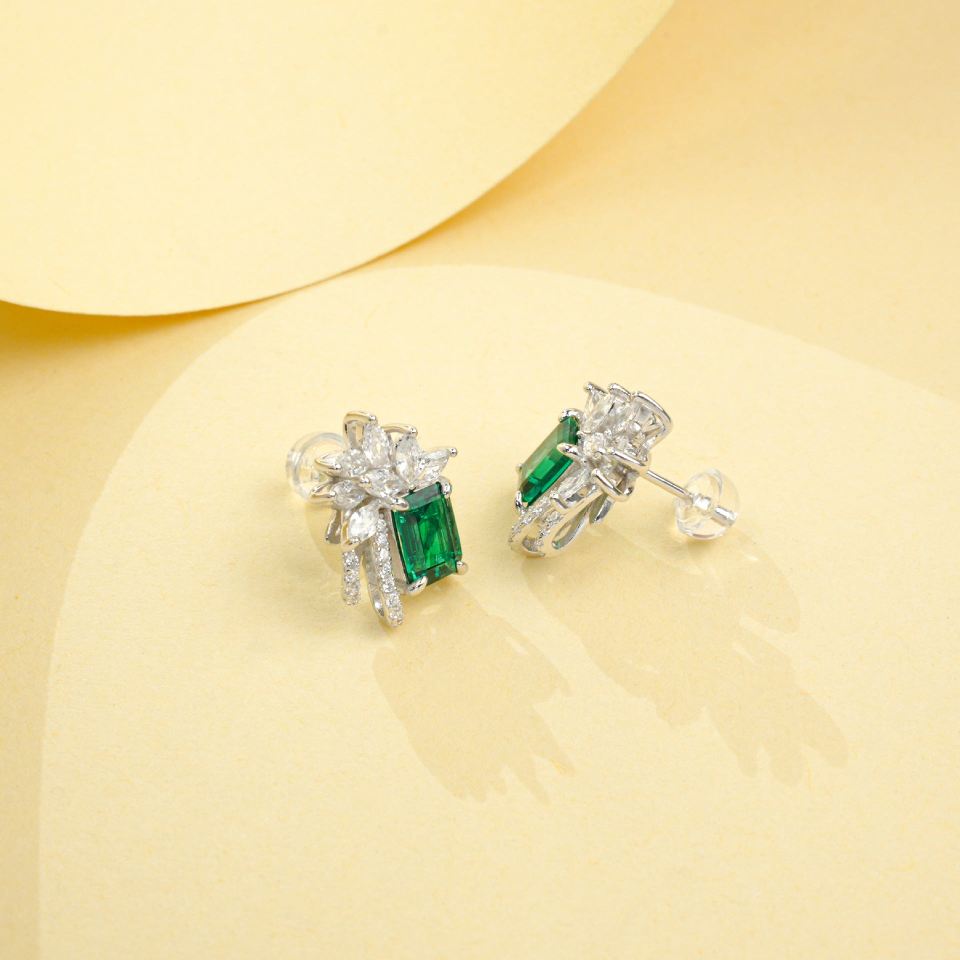 925 Sterling Silver Lab Emerald Square Stud Earrings, Princess Premium Vintage - Photo 3