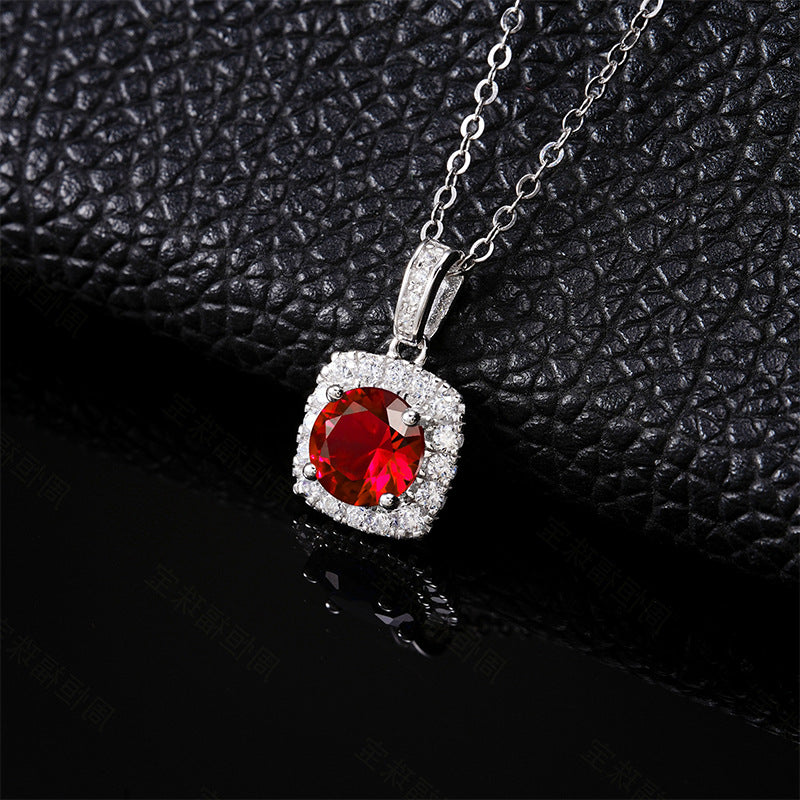 S925 Sterling Silver Lab Ruby Cushion Halo Micro-Pave Necklace, Minimalist for Women - Photo 2