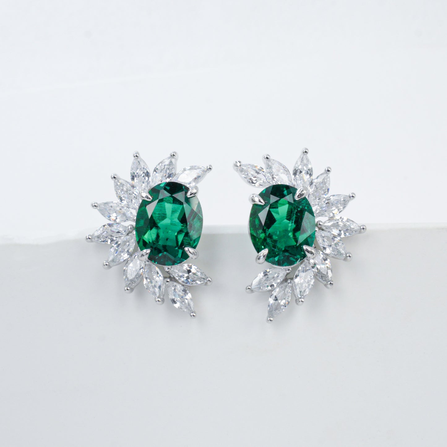 S925 Silver Oval Lab Emerald Marquise Diamond Halo Women's Earrings - Photo 5