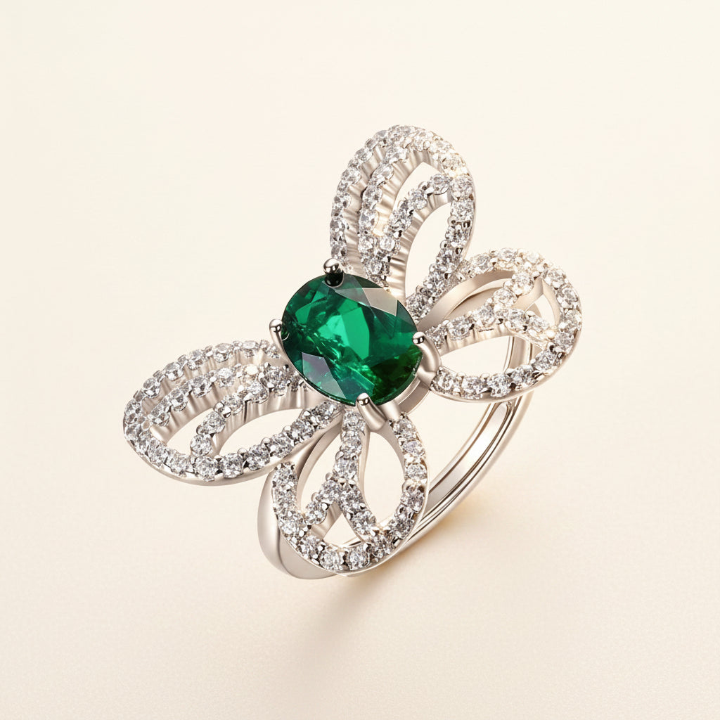 S925 Sterling Silver Lab Emerald Hollow Butterfly Open Ring, Premium - Photo 1