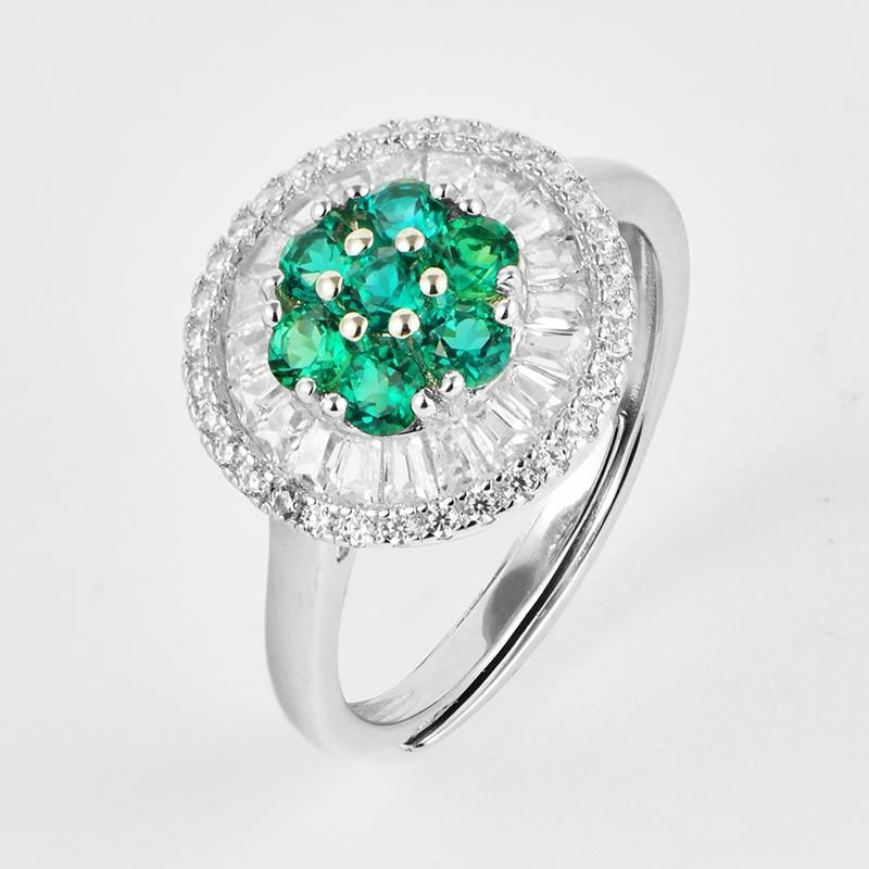 S925 Silver Cluster Emerald Flower Ring, Diamond, Vintage - Photo 2