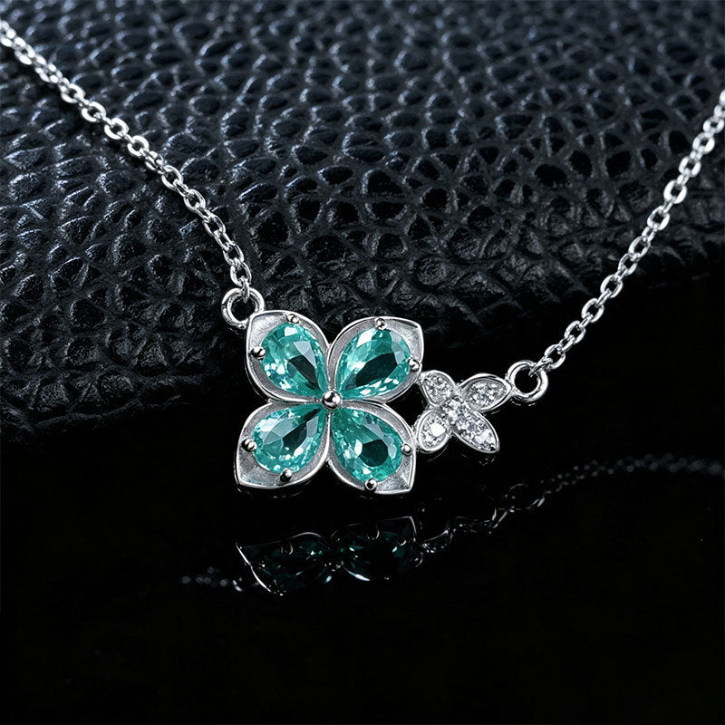 S925 Silver Paraiba Tsavorite Four-Petal Flower Butterfly, Outfit Simple - Photo 2