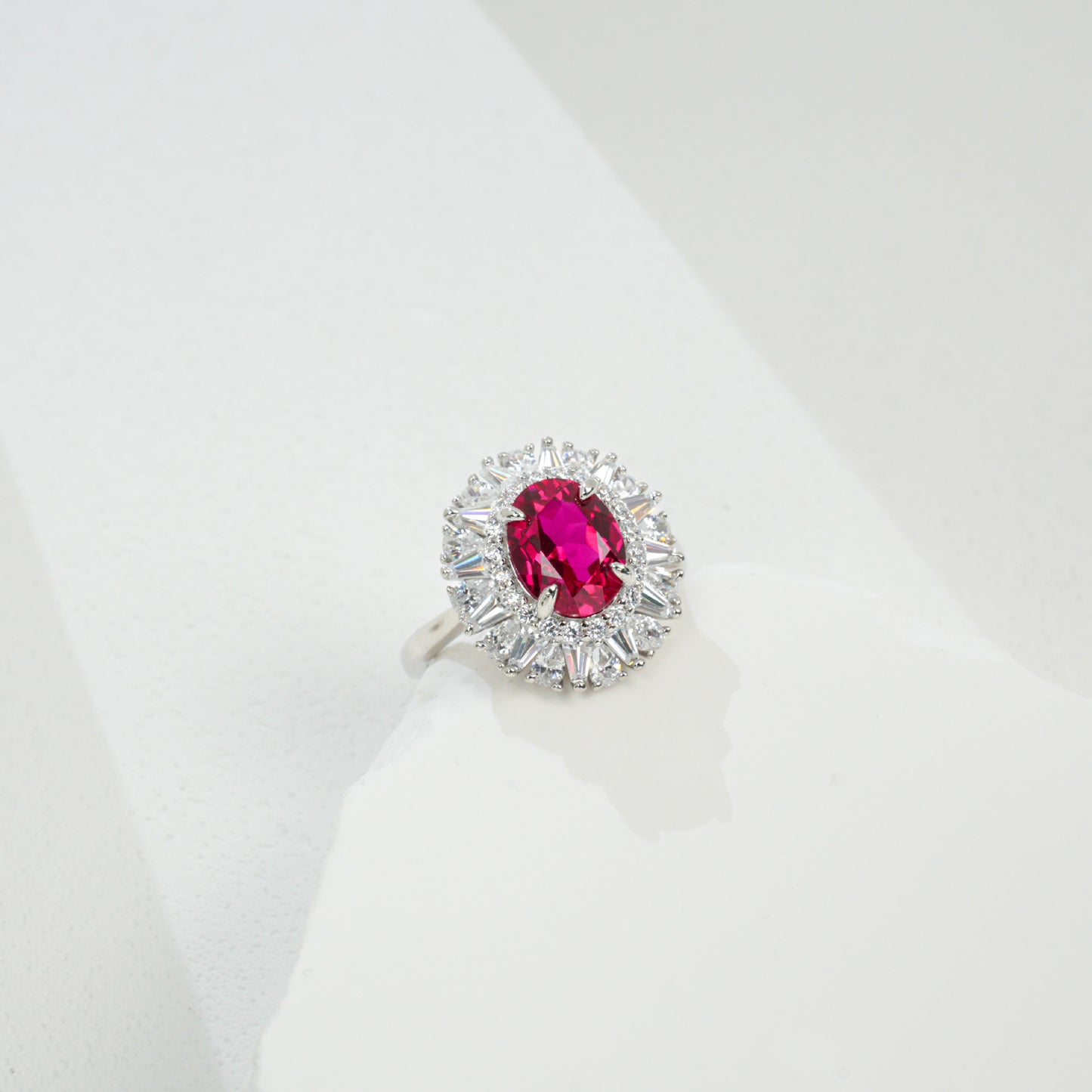 S925 Sterling Silver Lab Ruby Ring, Open Oval Halo - Photo 2