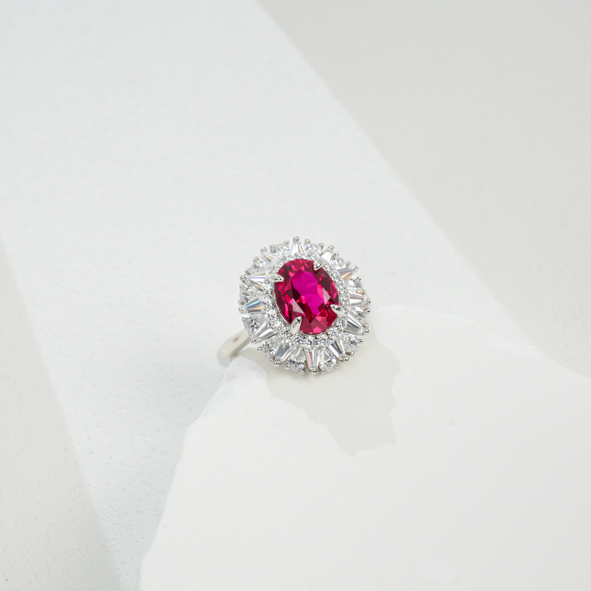 S925 Sterling Silver Lab Ruby Ring, Open Oval Halo - Photo 2