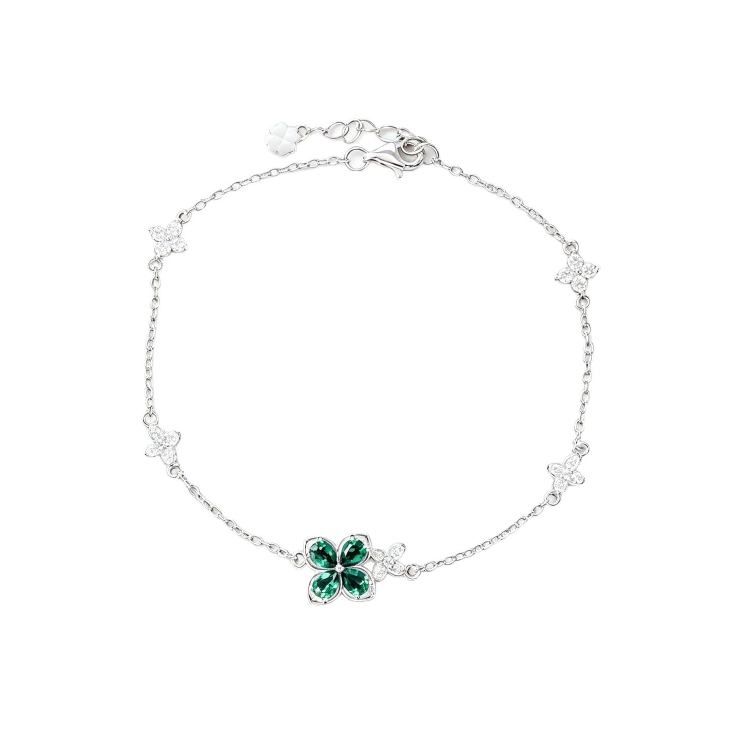 S925 Silver Four-Leaf Clover Lab Emerald Bracelet, Full Diamond Flower - Photo 5