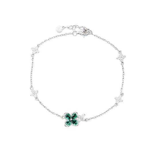 S925 Silver Four-Leaf Clover Lab Emerald Bracelet, Full Diamond Flower - Photo 5